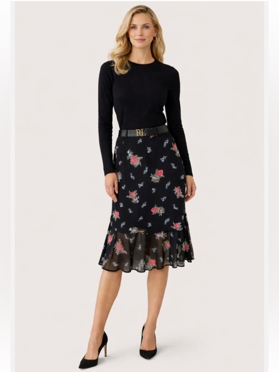 Lauren Ralph Lauren Dresses & Skirts - Vintage RALPH LAUREN Black Pink Blue Floral Ruffle Skirt  Size 10 Lined
